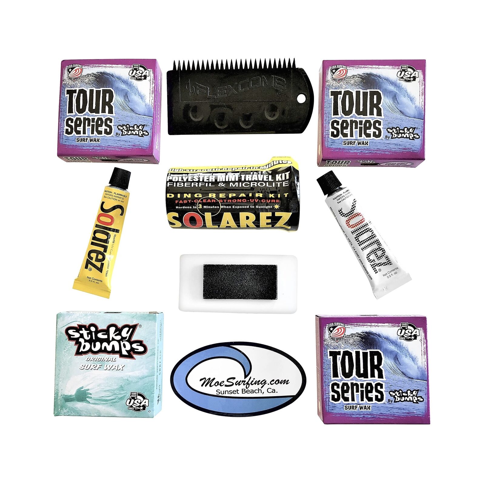 Moesurfing Sticky Bumps Wax Plus Solarez Uv Cure Resin Ding Repair Kit, 3 Bar...