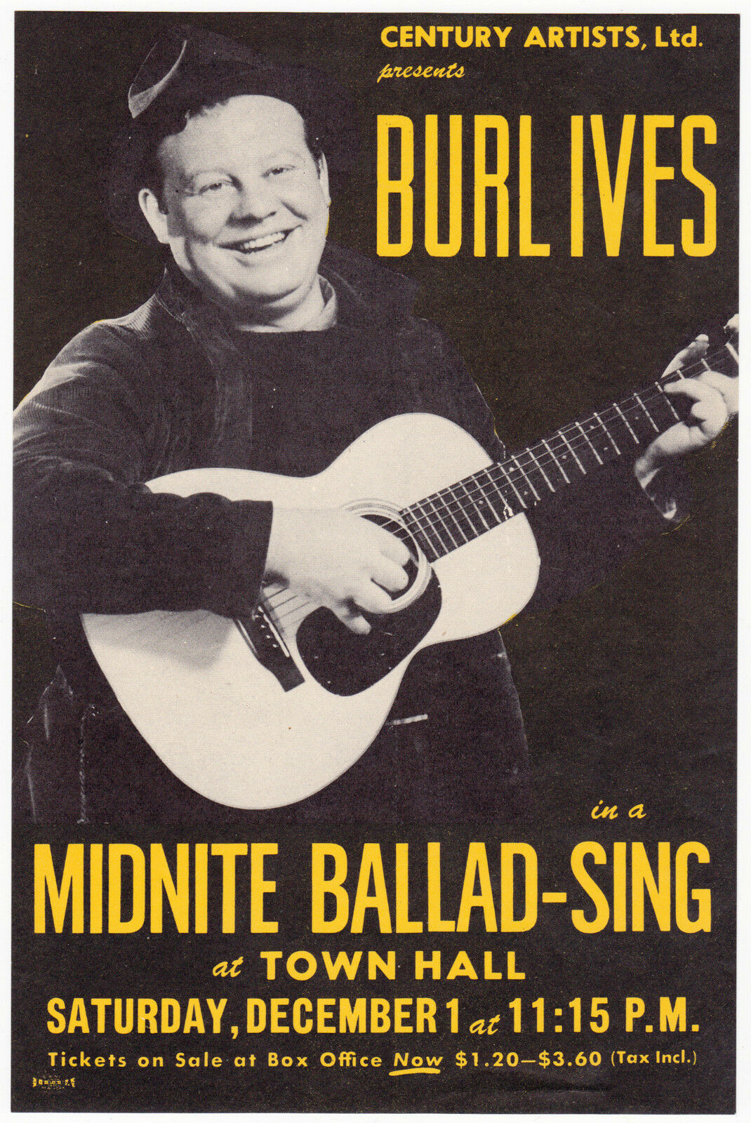 Burl Ives Authentic 1945 Concert Handbill / Flyer - Town Hall, New York